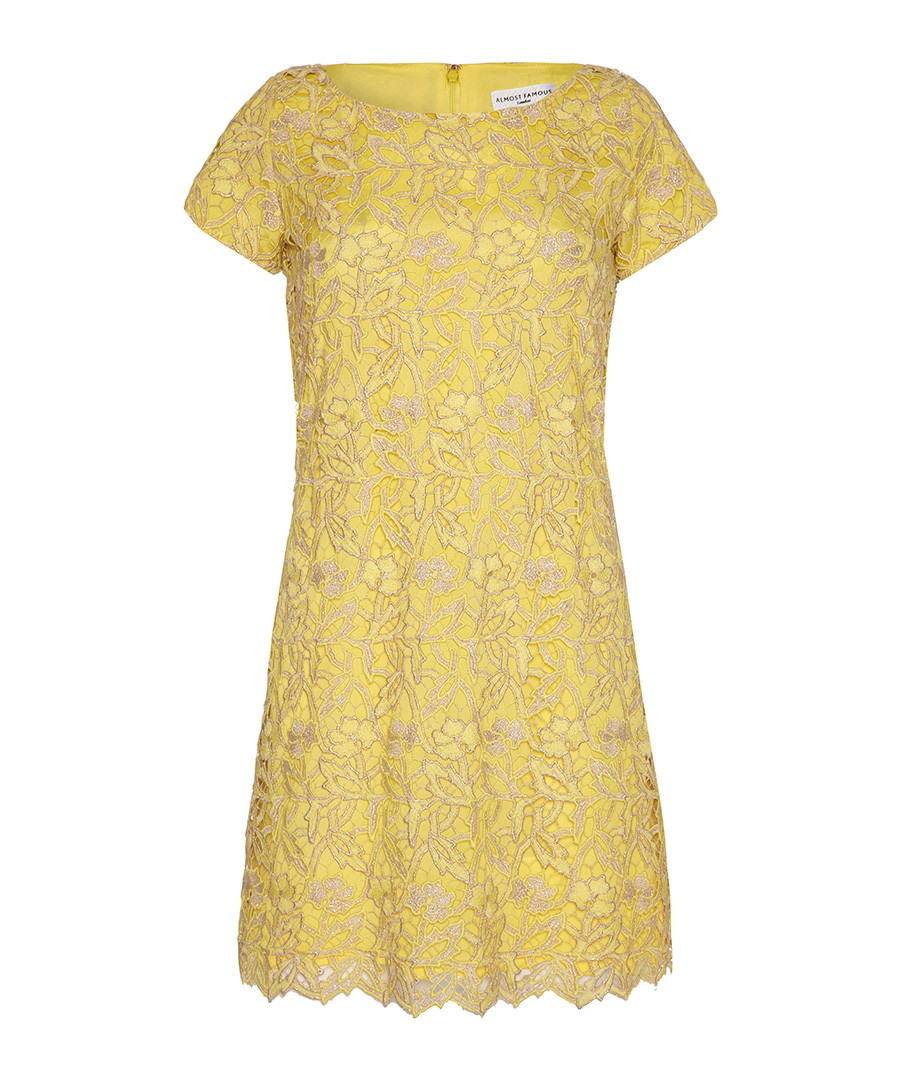 Discount Yellow embroidered metallic lace dress SECRETSALES