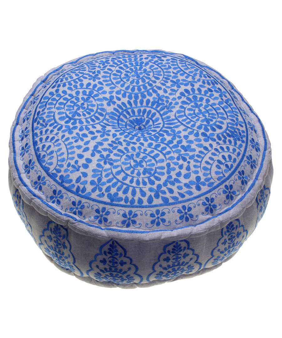 Nomad blue linen embroidered pouf Sale - bombay duck