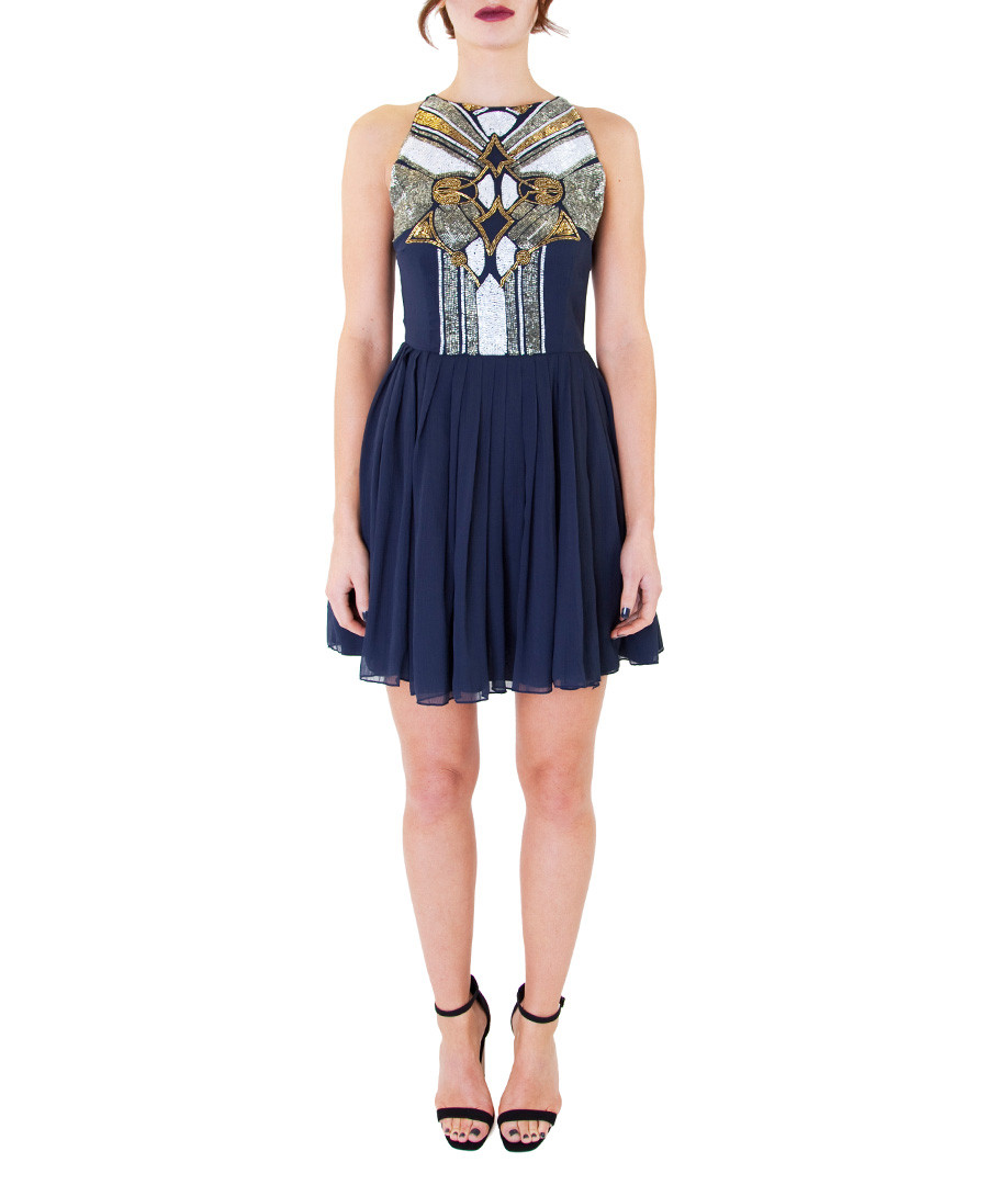sheer overlay dress navy gold