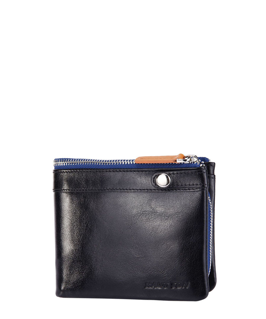 Black leather & blue zip fold wallet Sale - hautton