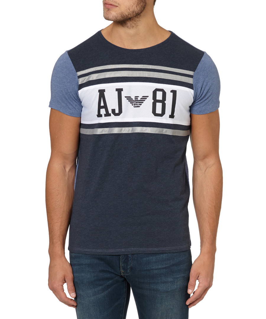 Blue pure cotton dual-tone mesh T-shirt Sale - armani jeans