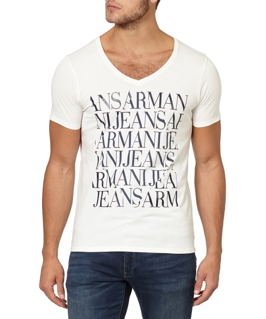 White pure cotton V-neck logo T-shirt Sale - armani jeans