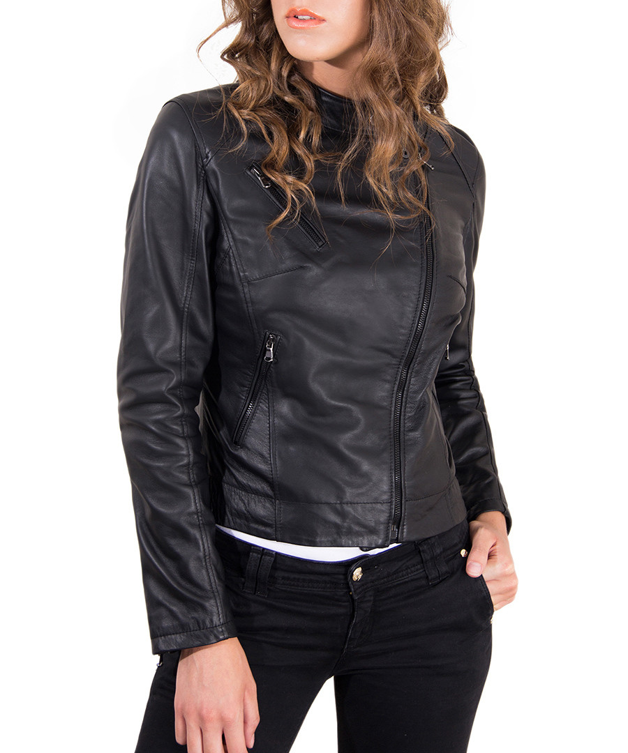 Black leather off-centre zip jacket Sale - Ad Milano