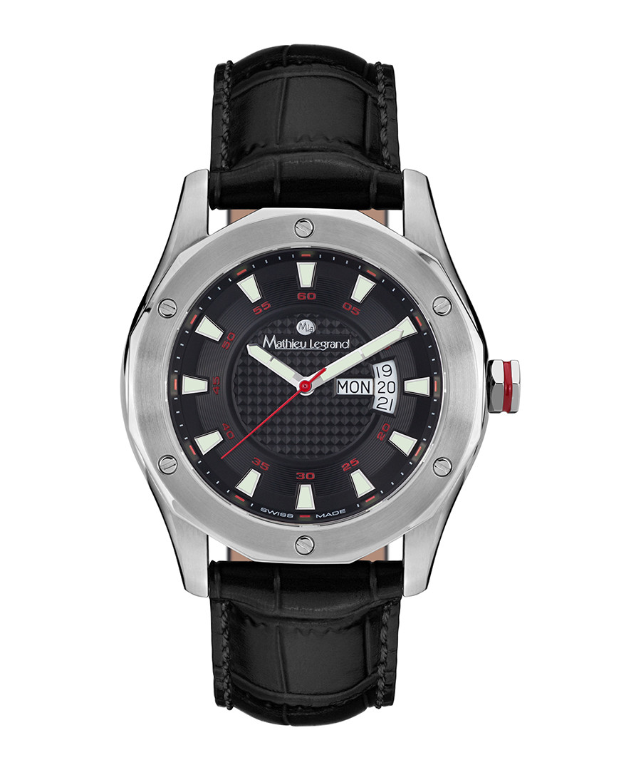 Dodécagone black leather & steel watch Sale - mathieu legrand