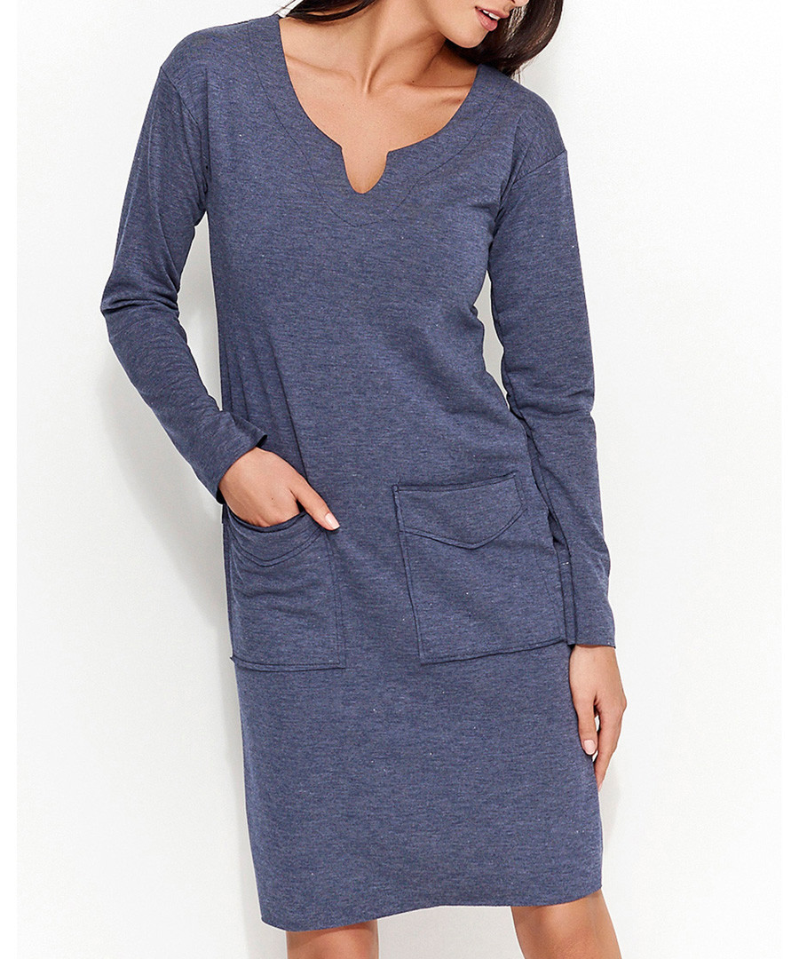 Blue cotton blend pocket melange dress Sale - numinou
