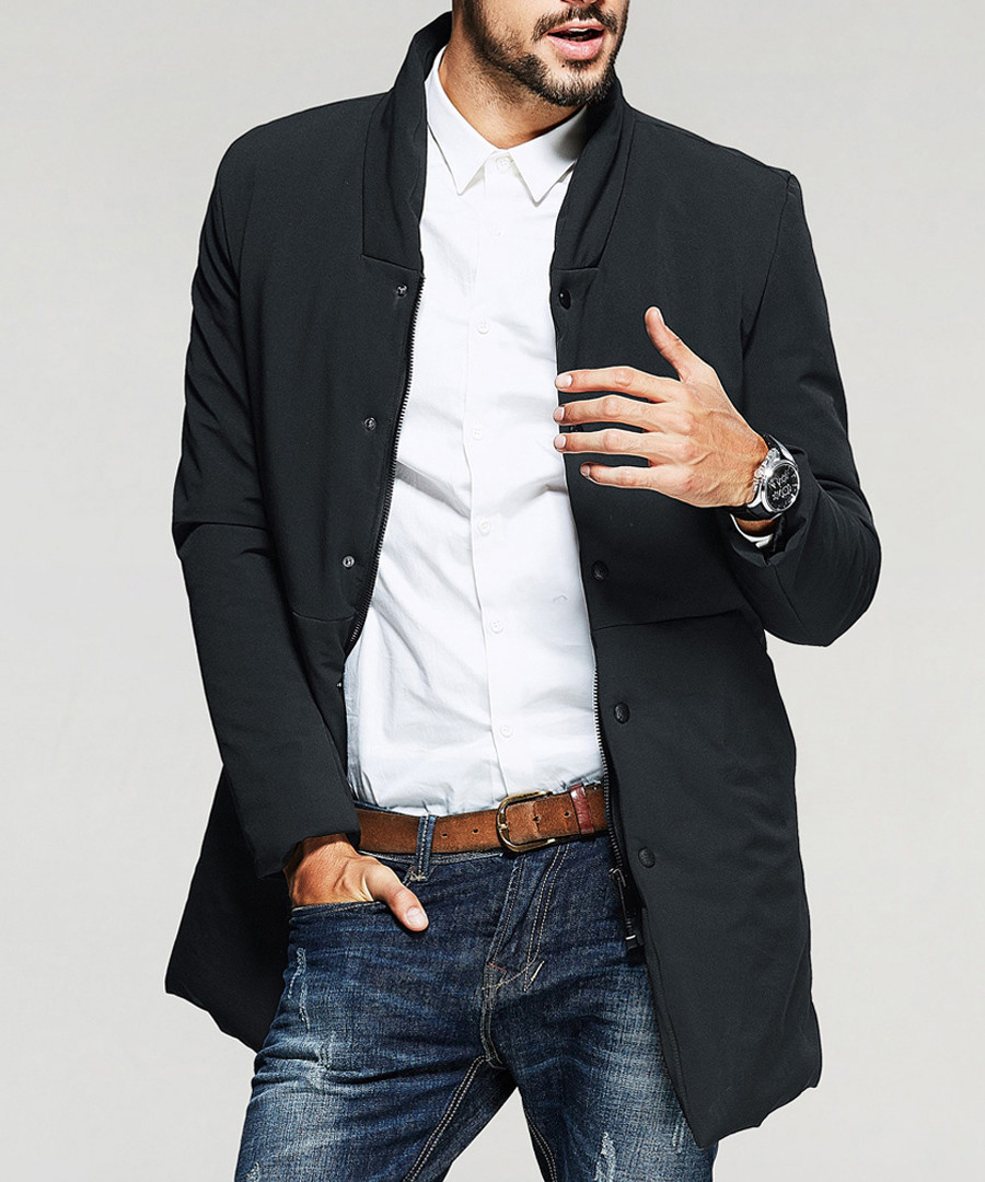 Black collared zip up down jacket Sale - kuegou