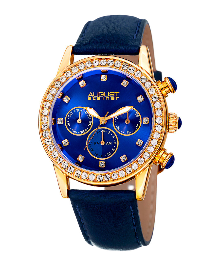 Blue leather crystal bezel watch Sale - August Steiner