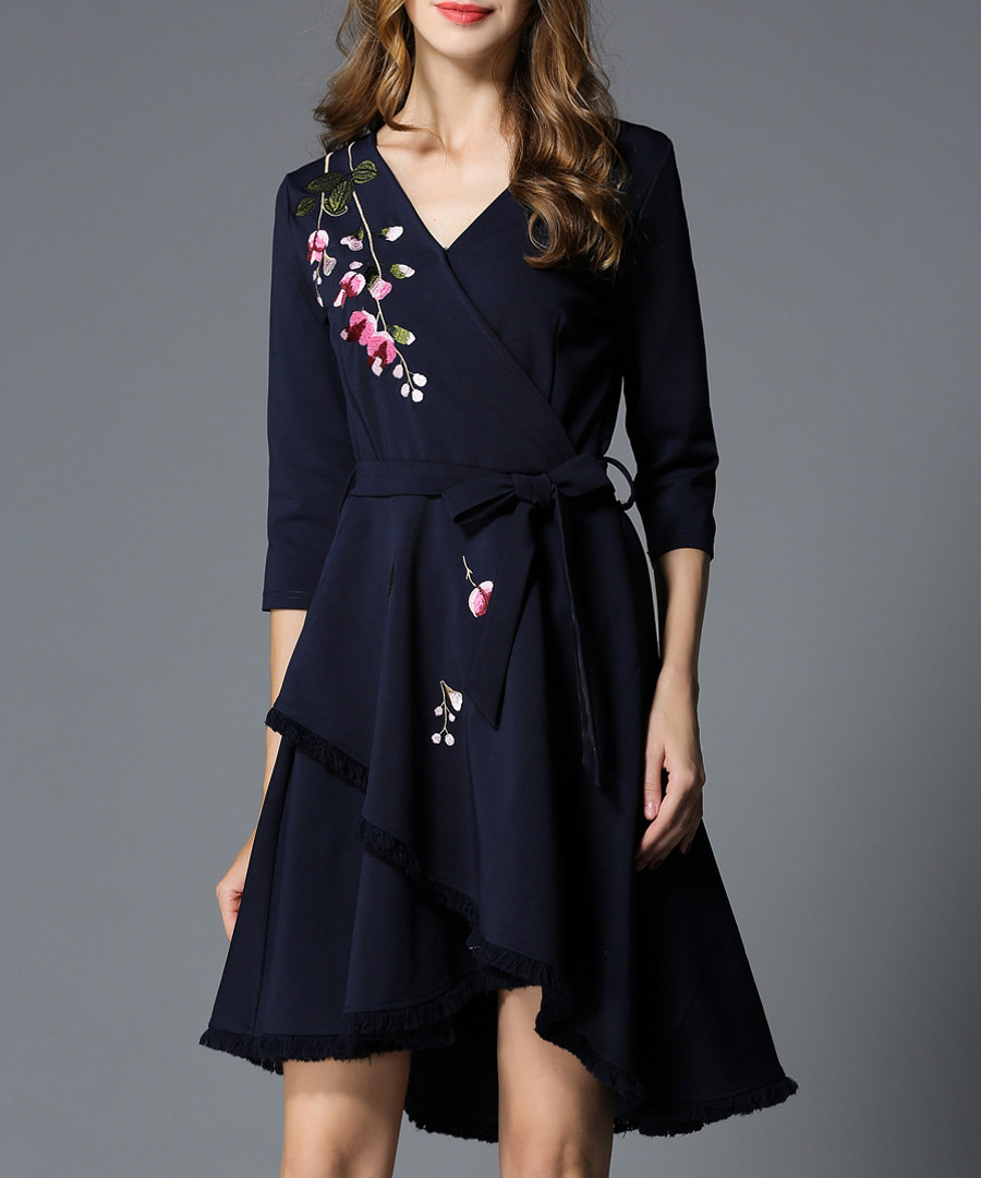 Navy floral embroidered wrap dress Sale - Kaimilan