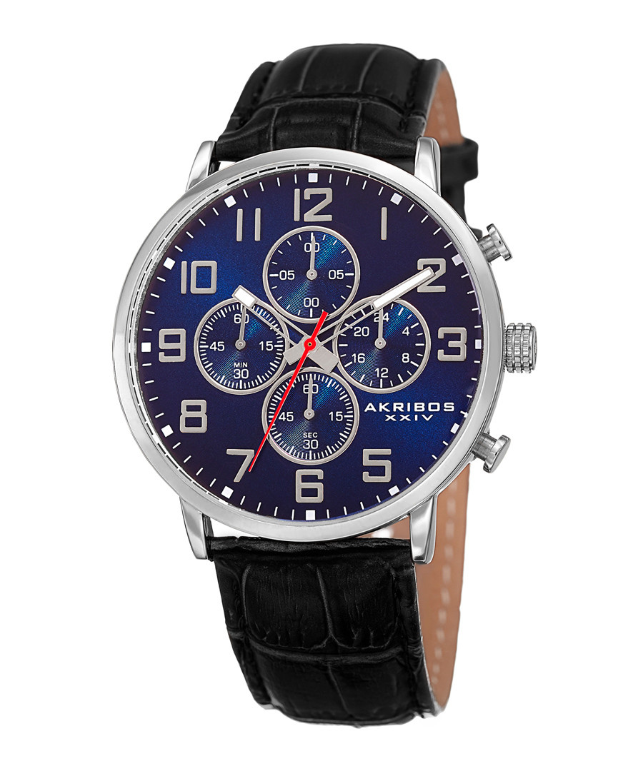 Silver-tone & blue dial leather watch Sale - akribos XXIV