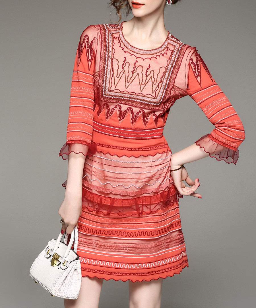 Orange 3/4 sleeve striped mini dress Sale - Zeraco