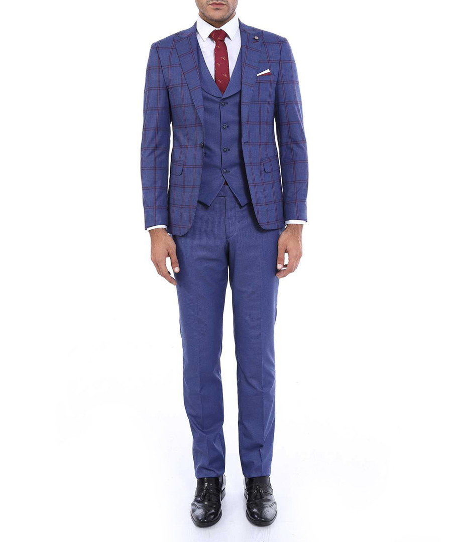 2pc navy check pattern slim fit suit Sale - WSS WESSI MENSWEAR
