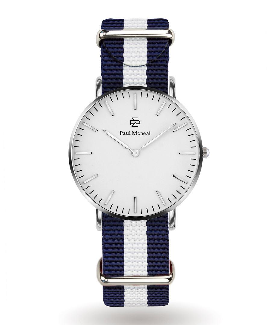 Silver-tone & navy striped strap watch Sale - Paul McNeal