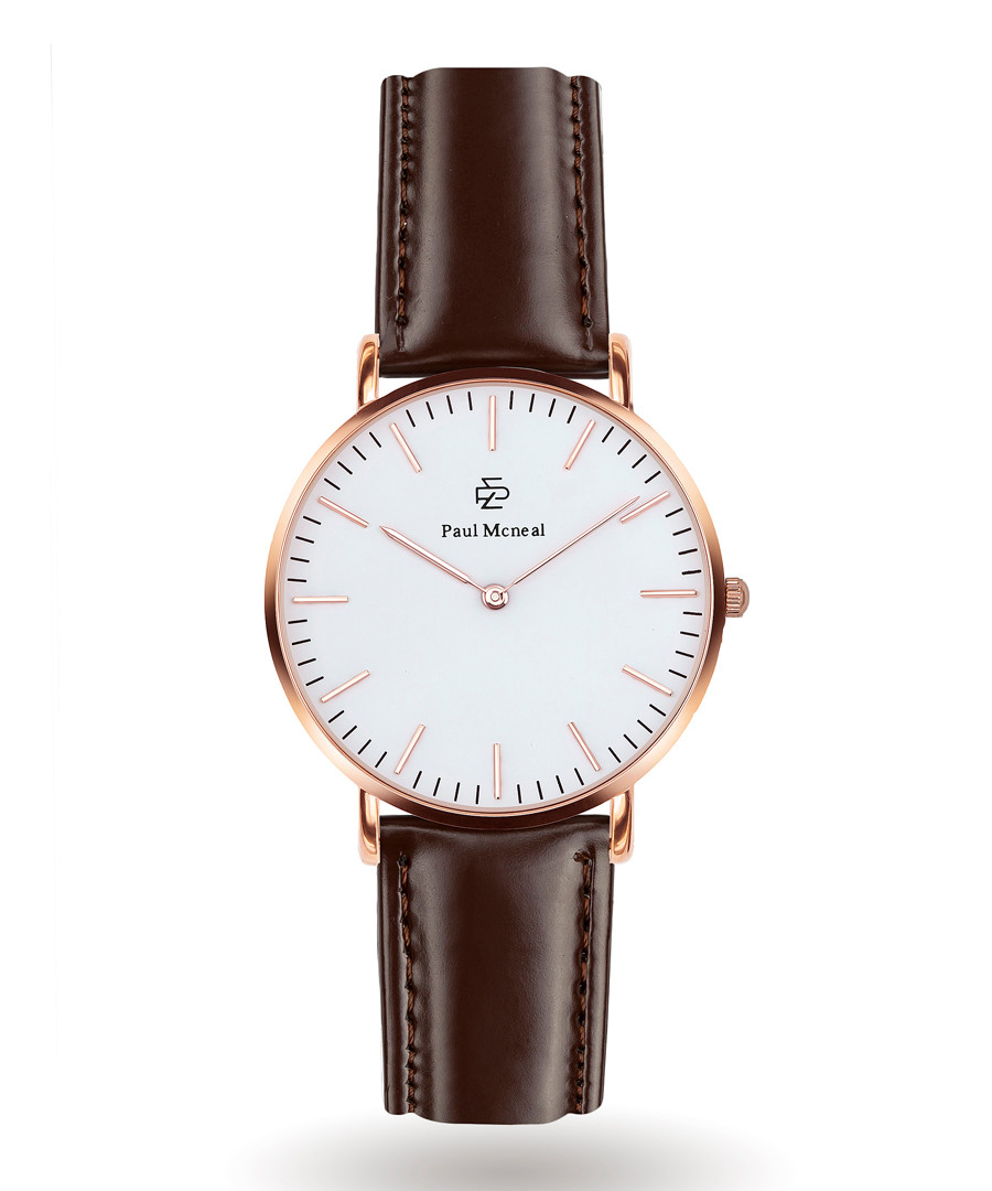 Rose gold-tone & brown leather watch Sale - Paul McNeal