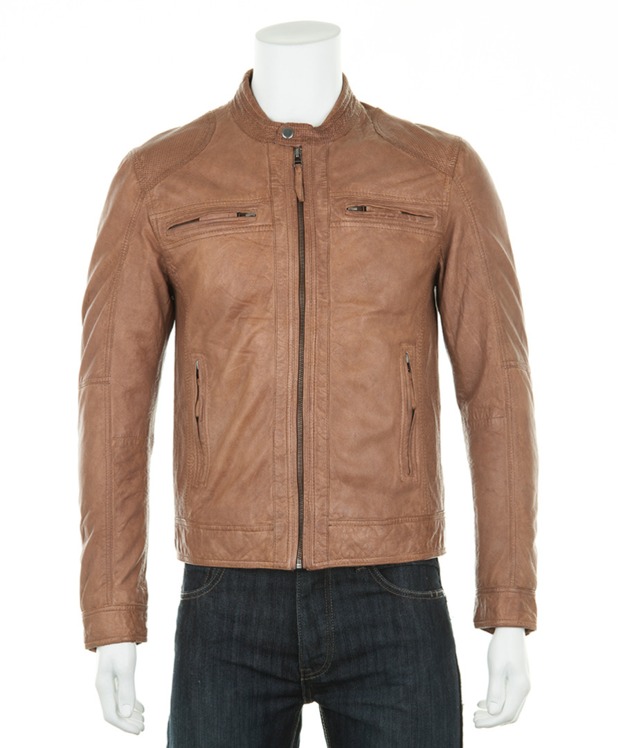 Men's Tan leather perforated jacket Sale - woodland leather