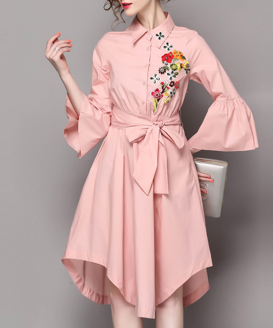 Pink embroidered tie waist dress Sale - Zeraco