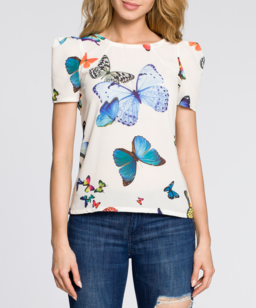 Ecru butterfly print short sleeve top Sale - made of emotion