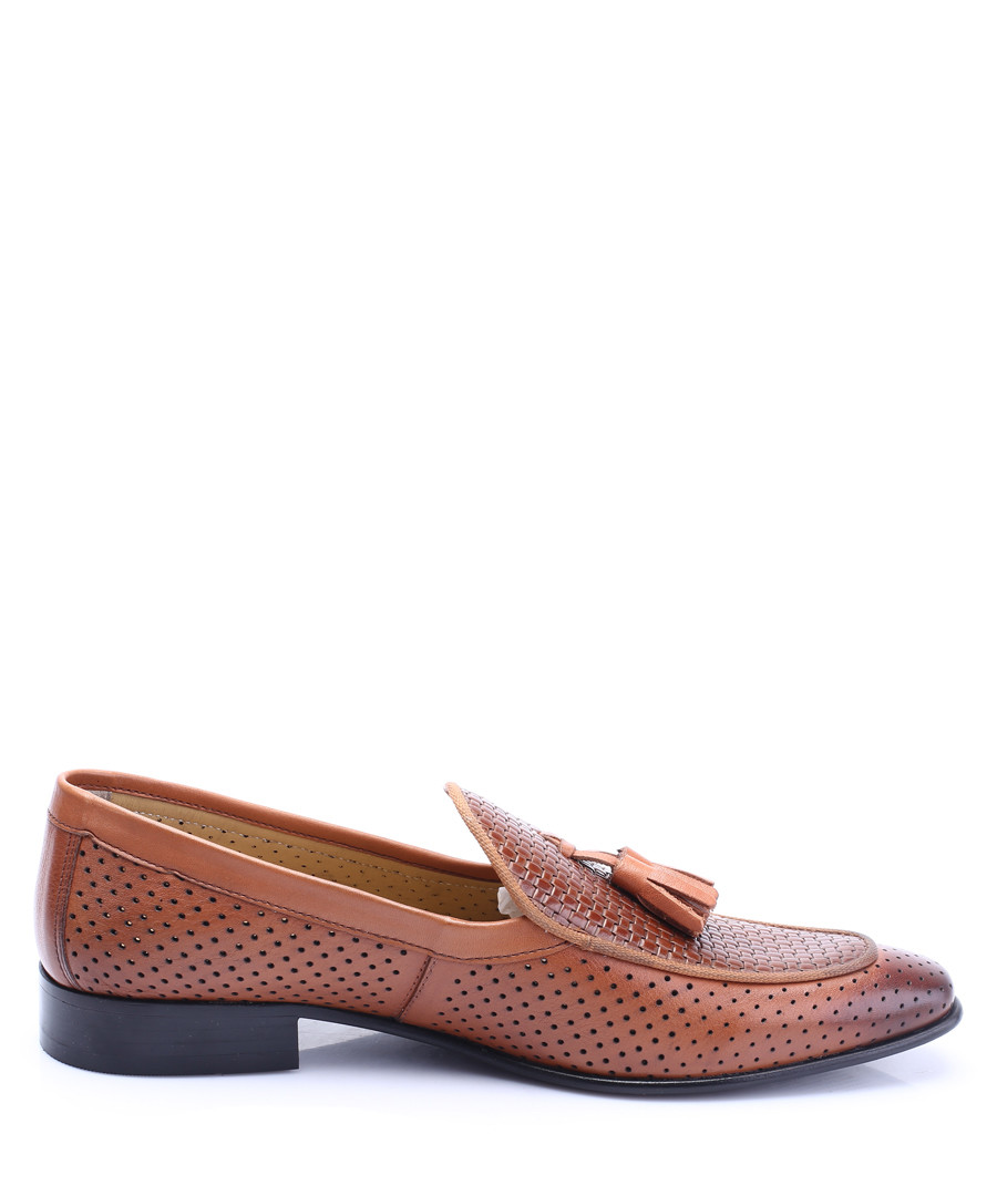Tan leather perforated tassel loafers Sale - s baker