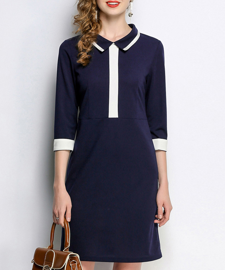 Blue contrast detail 3/4 sleeve dress Sale - Zhirun
