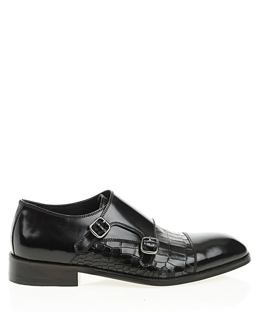 Black leather moc-croc monk strap shoes Sale - Bramosia