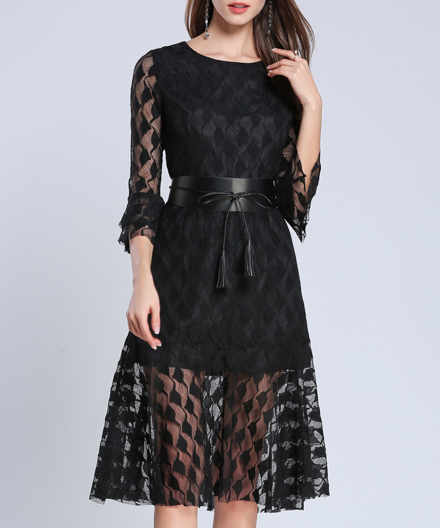 Black flared sleeve belted waist dress Sale - Kaimilan