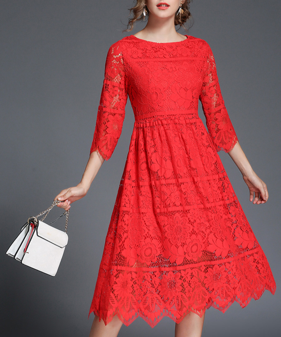 Red floral lace half-sleeve dress Sale - Kaimilan