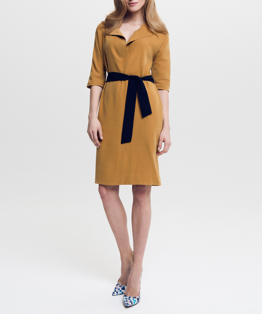 Camel & black tie waist shirt dress Sale - peperuna