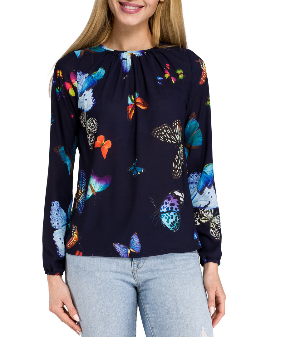 Navy blue butterfly print blouse Sale - made of emotion