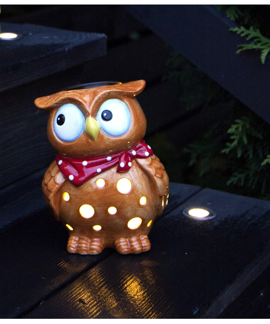 Tan & red ceramic LED owl lamp Sale - solar lighting