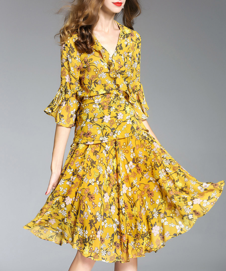 Yellow floral print ruffle wrap dress Sale - ELENYUN