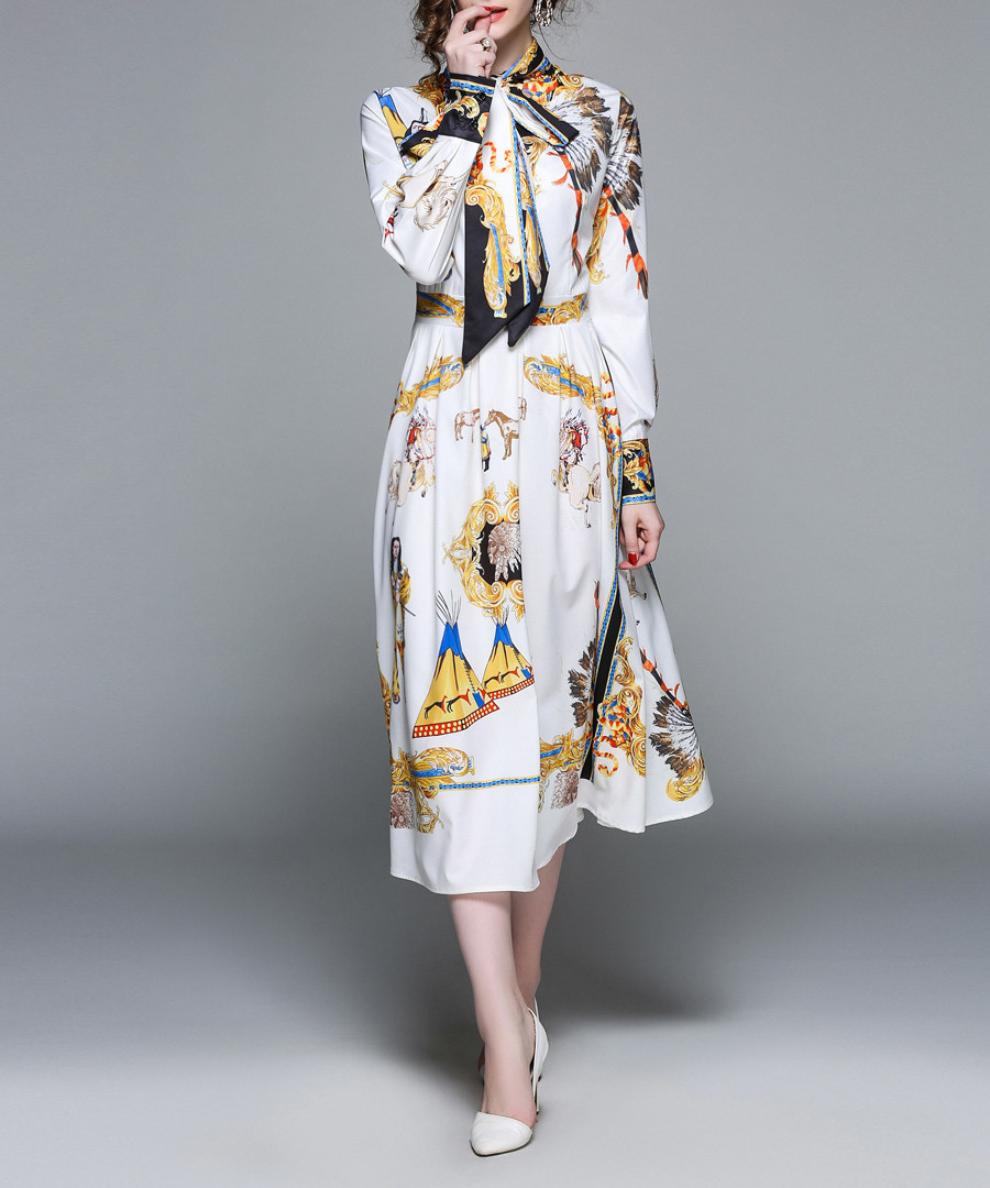 White print pussybow midi dress Sale - Kaimilan