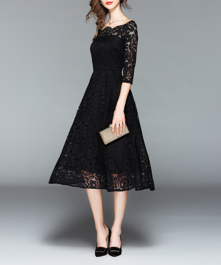 Black lace square neck midi dress Sale - Kaimilan