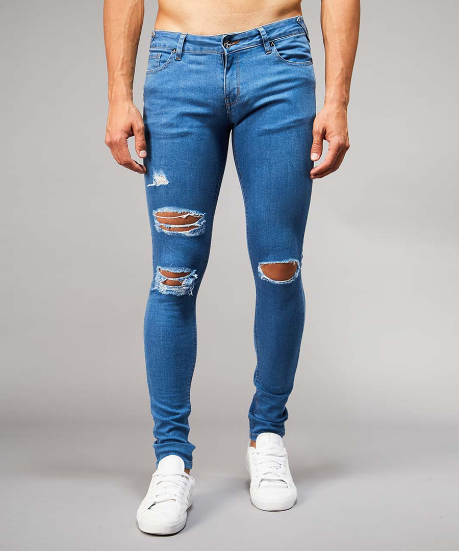 Mid-wash blue cotton blend ripped jeans Sale - criminal damage