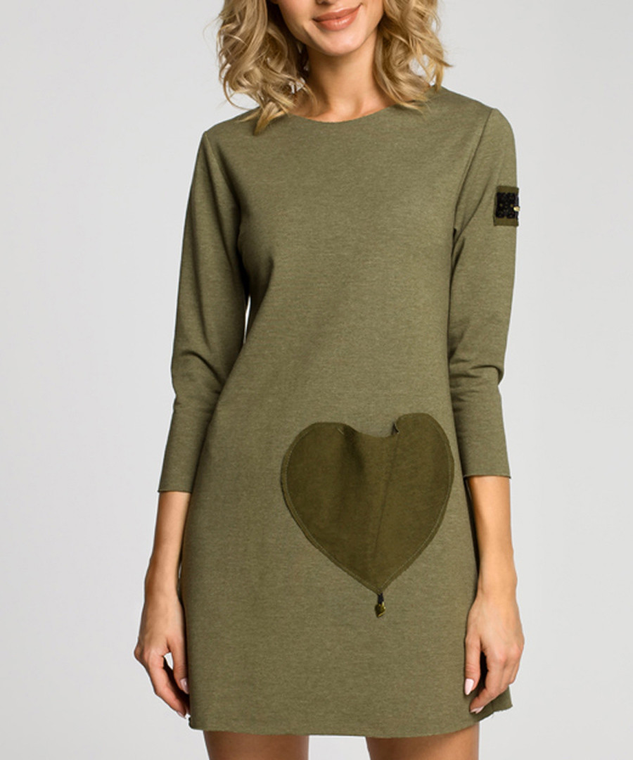 Khaki cotton blend heart patch dress Sale - made of emotion