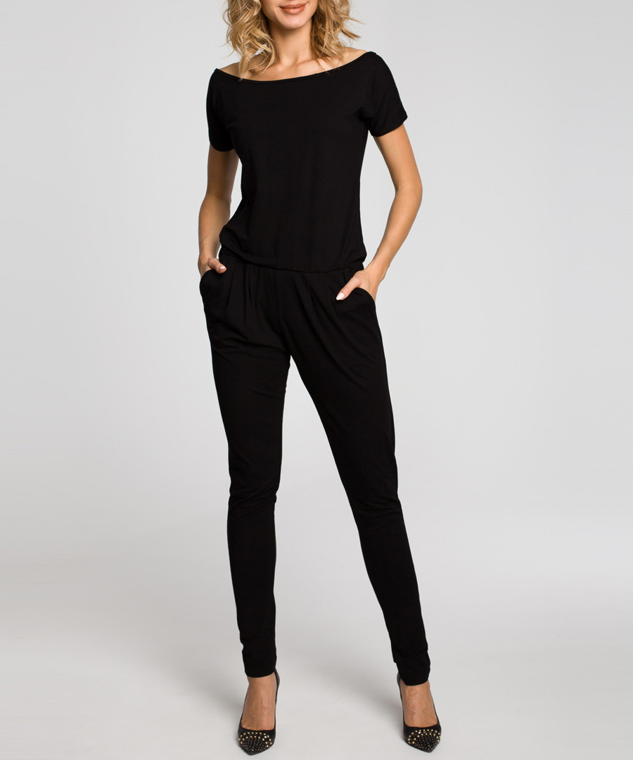 Black boat neck T-shirt jumpsuit Sale - made of emotion