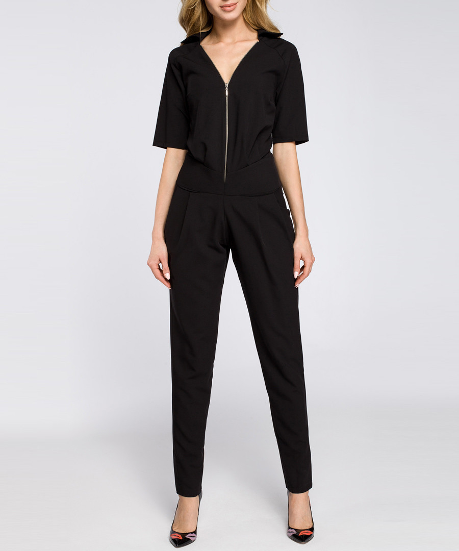 Black zip-up short sleeve jumpsuit Sale - made of emotion