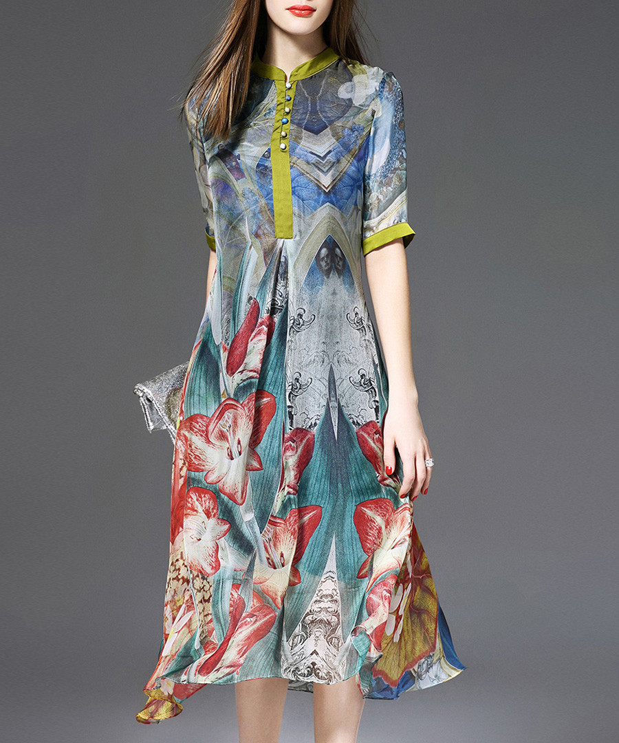 Multi-colour pure silk print midi dress Sale - ELENYUN