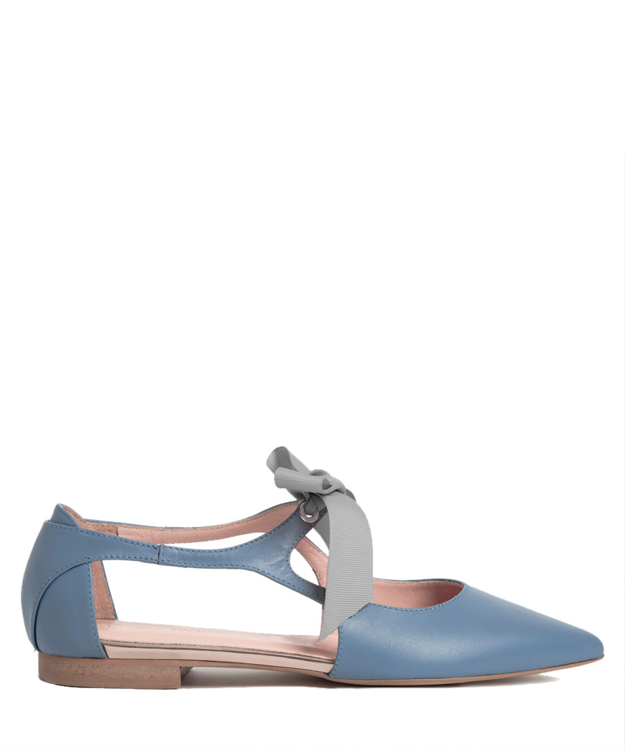 Blue leather point ribbon ballet flats Sale - L37