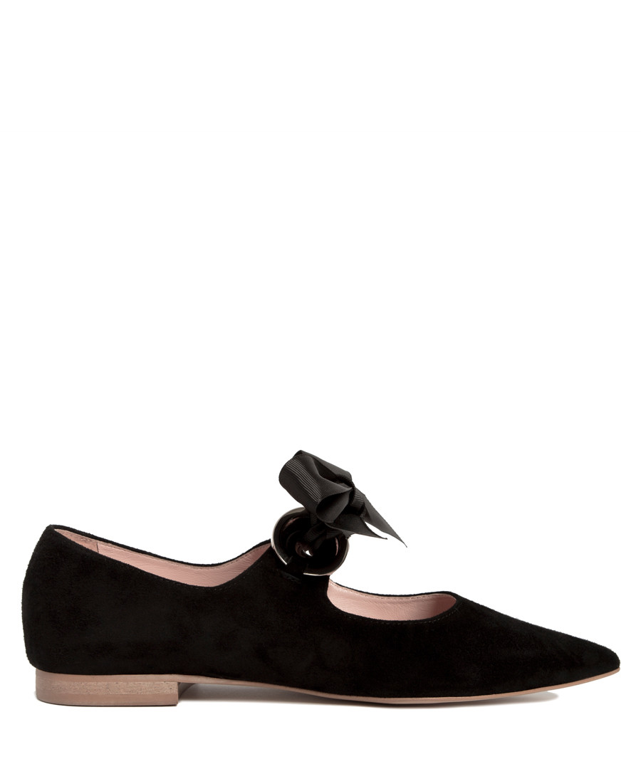 Black leather point ribbon ballet flats Sale - L37