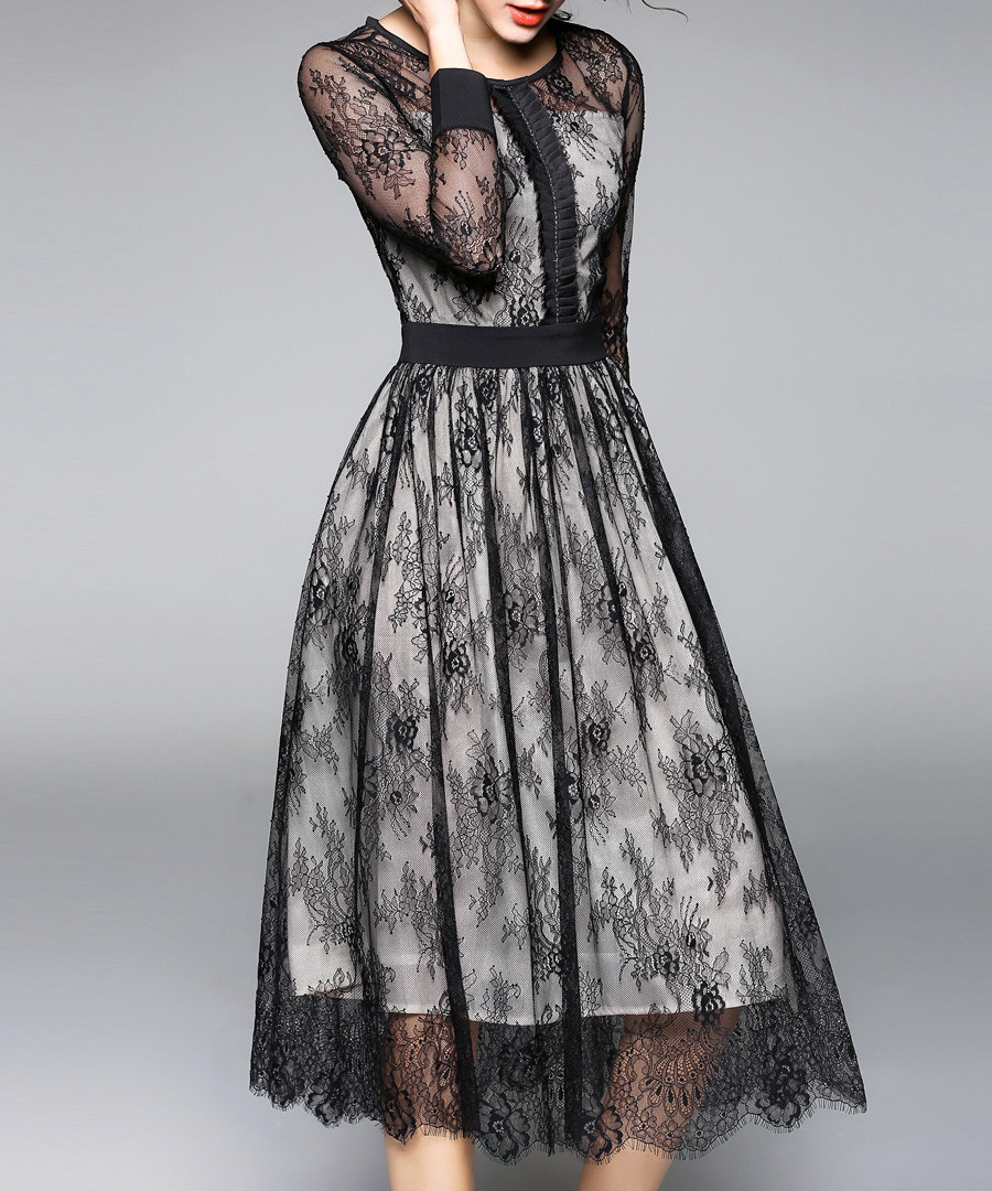 Black lace overlay 3/4 sleeve dress Sale - Kaimilan