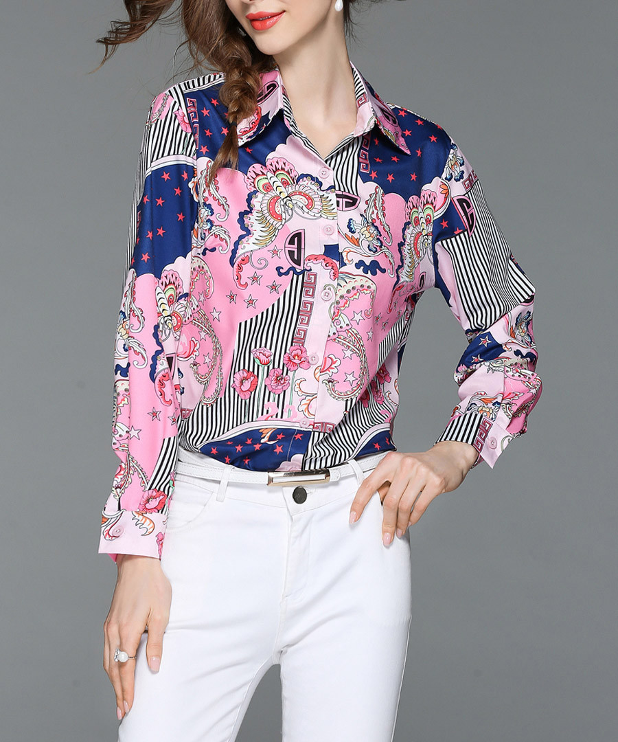Pink & blue print button-up shirt Sale - Kaimilan
