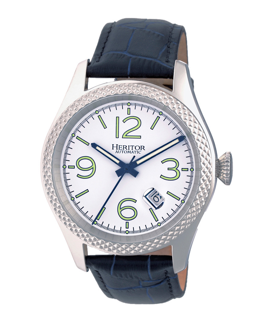 Barnes silver-tone & navy leather watch Sale - heritor automatic