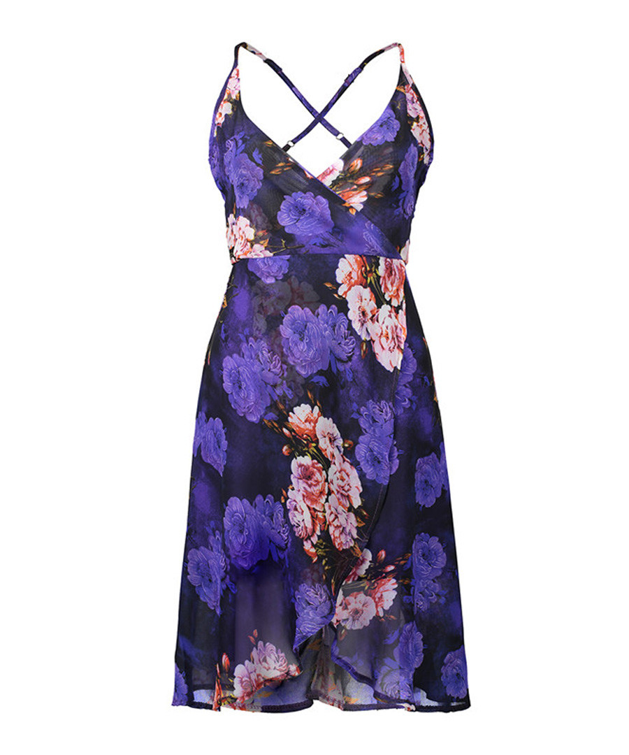 Purple floral print strappy wrap dress Sale - liva girl