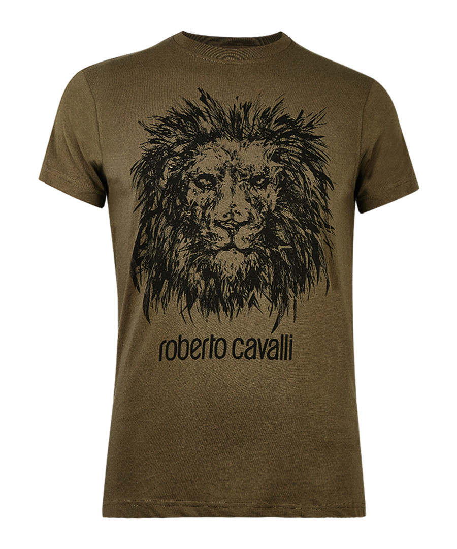 Military green cotton lion T-shirt Sale - roberto cavalli