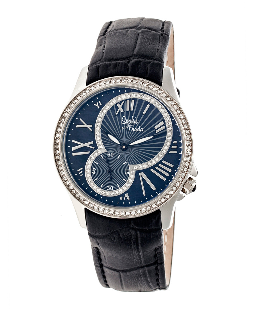 Navy leather moc-croc crystal watch Sale - sophie & freda