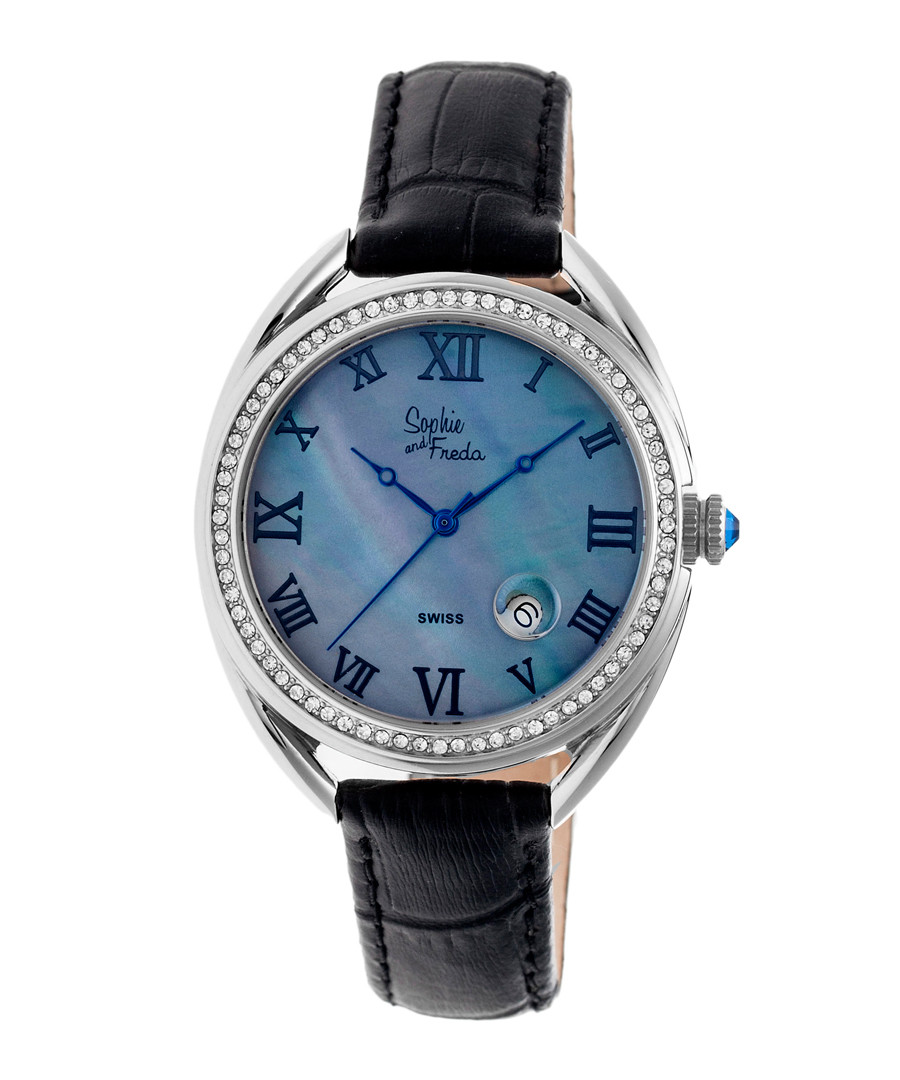 Black leather moc-croc crystal watch Sale - sophie & freda