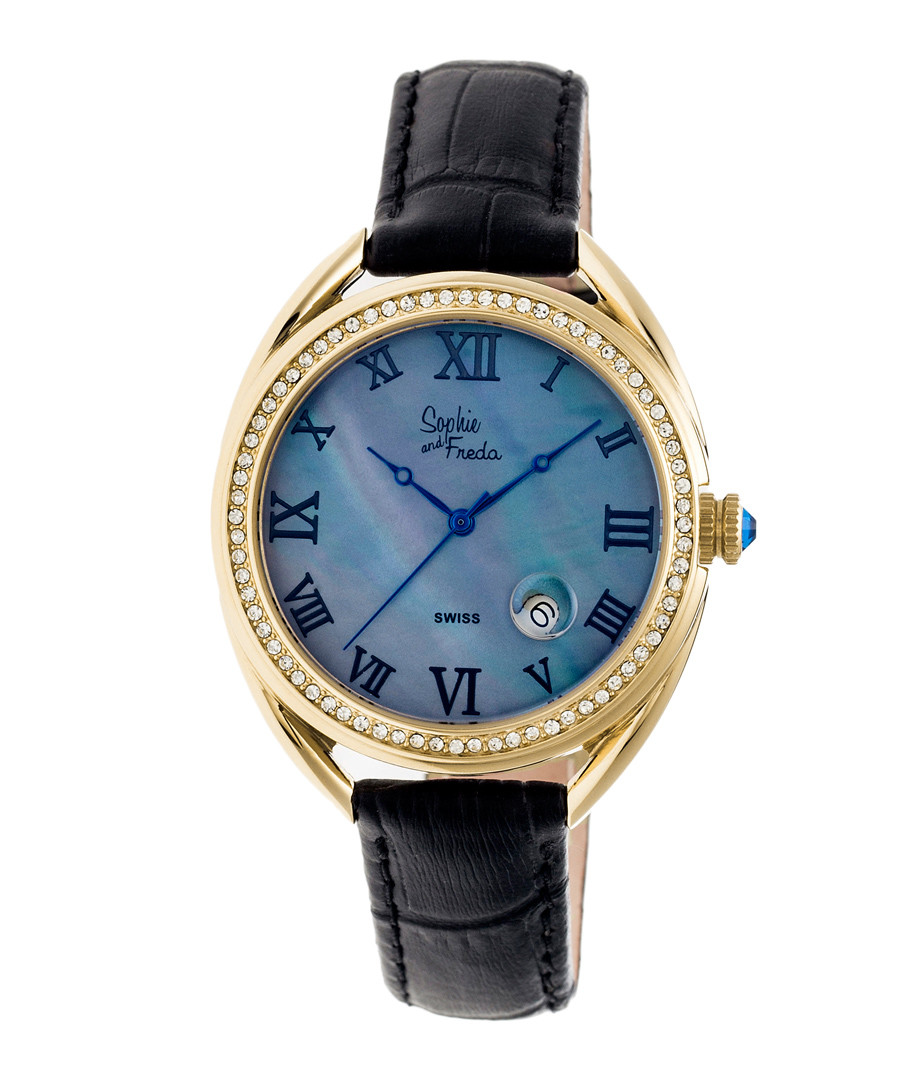 Black leather moc-croc crystal watch Sale - sophie & freda