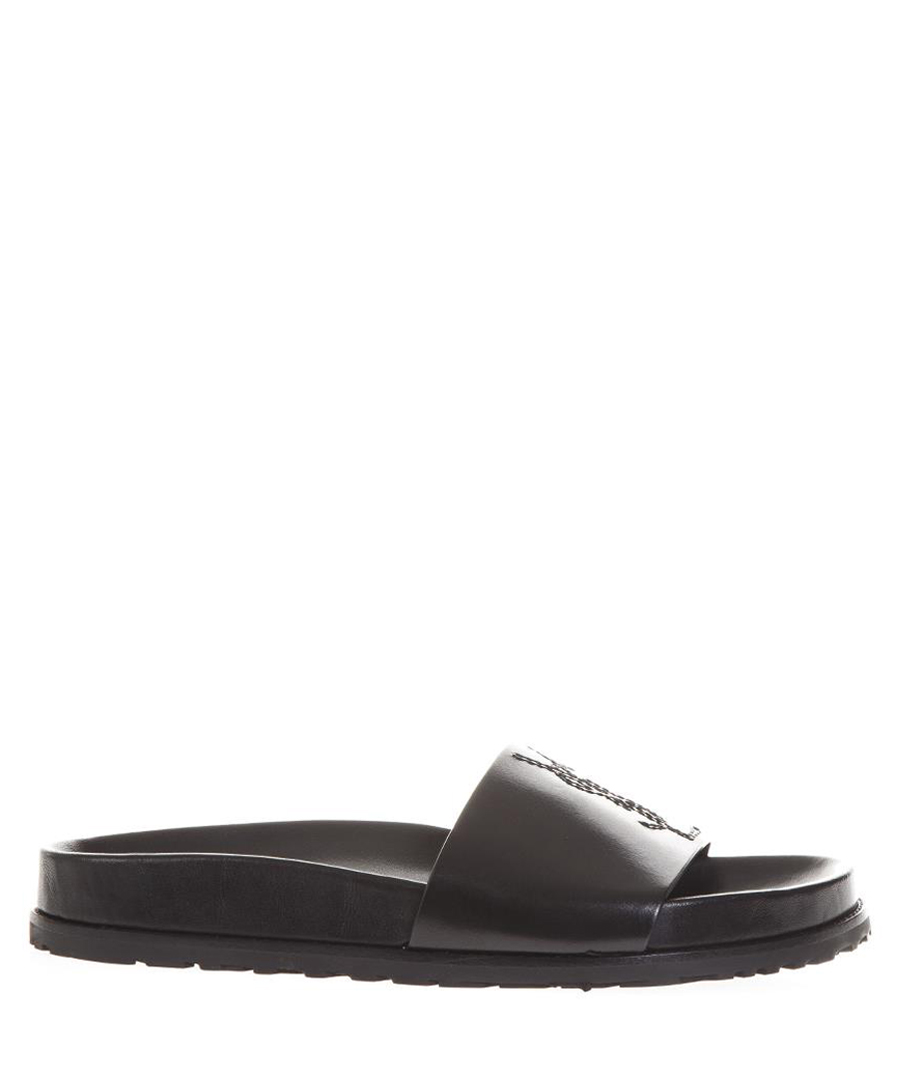 black leather slider sandals