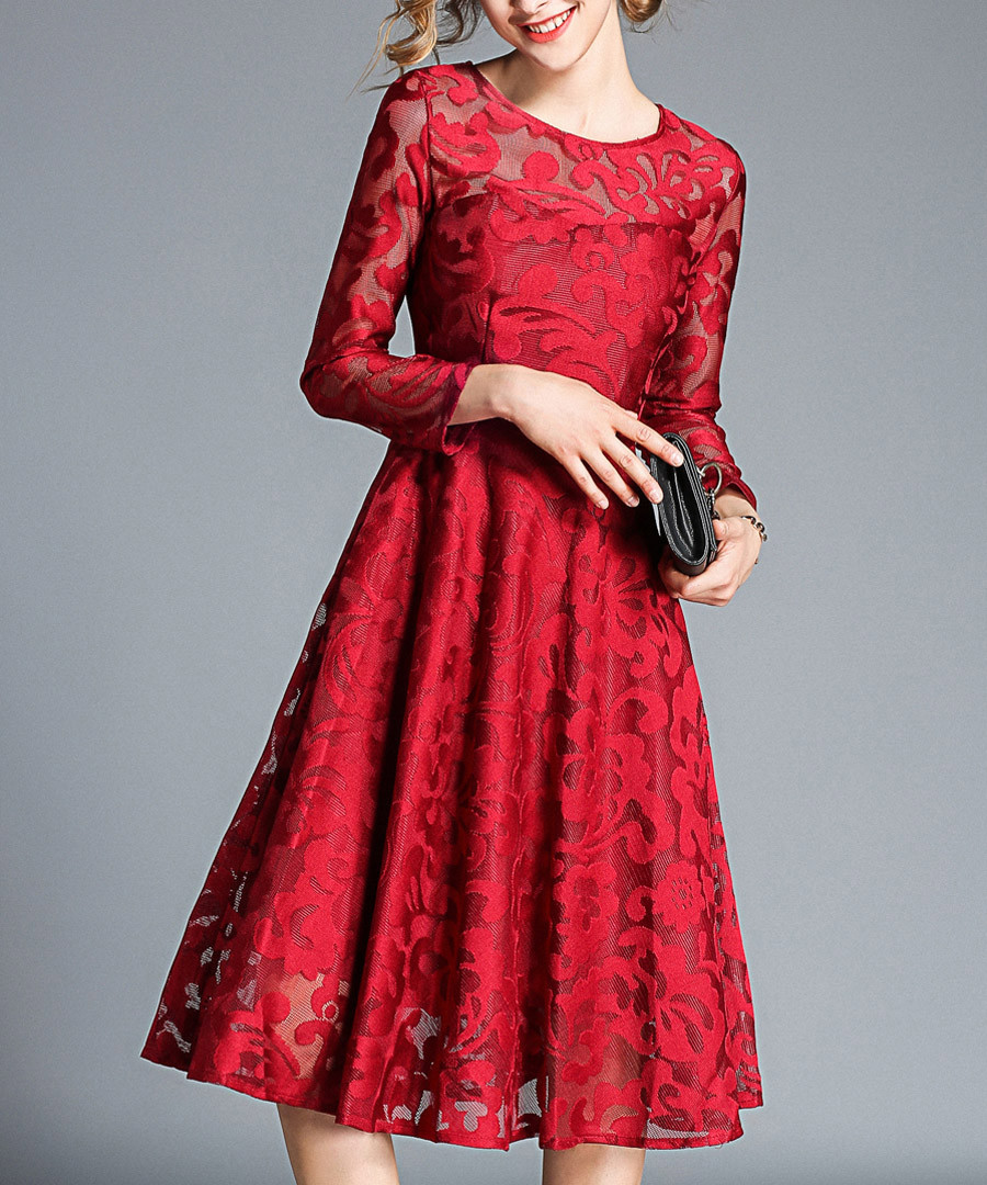 Wine red long sleeve floral dress Sale - Kaimilan