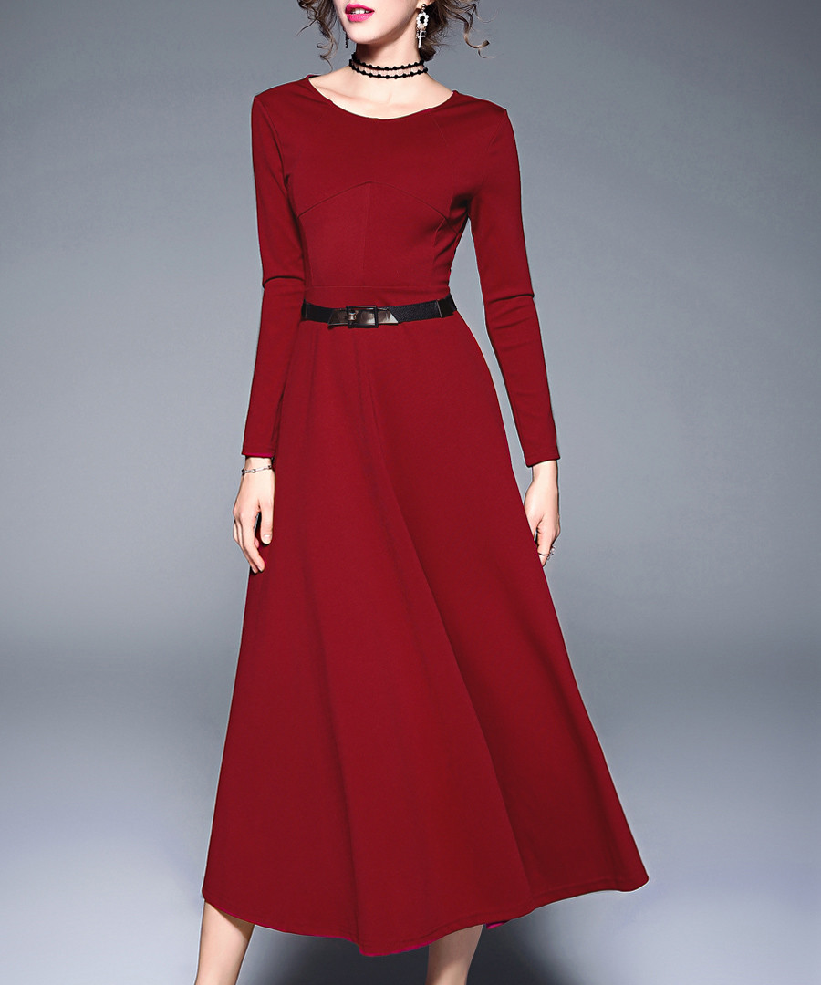 Red wine long sleeve belt midi dress Sale - Kaimilan