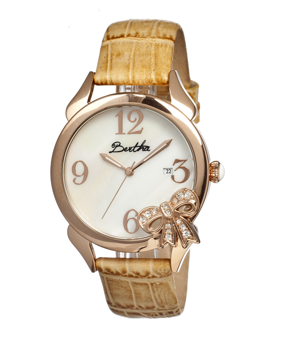 Cream leather & rose gold-tone bow watch Sale - bertha